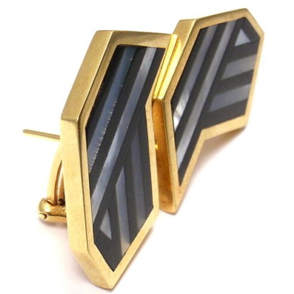 Rare! Authentic Tiffany & Co 18k Yellow Gold Black Jade Mother of Pearl Earrings - Picture 2 of 12